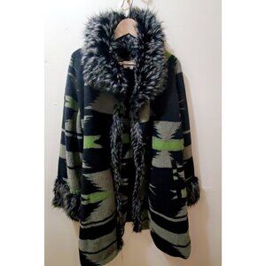 Tasha Polizzi Black and Green Faux Fur Long Coat Size Large